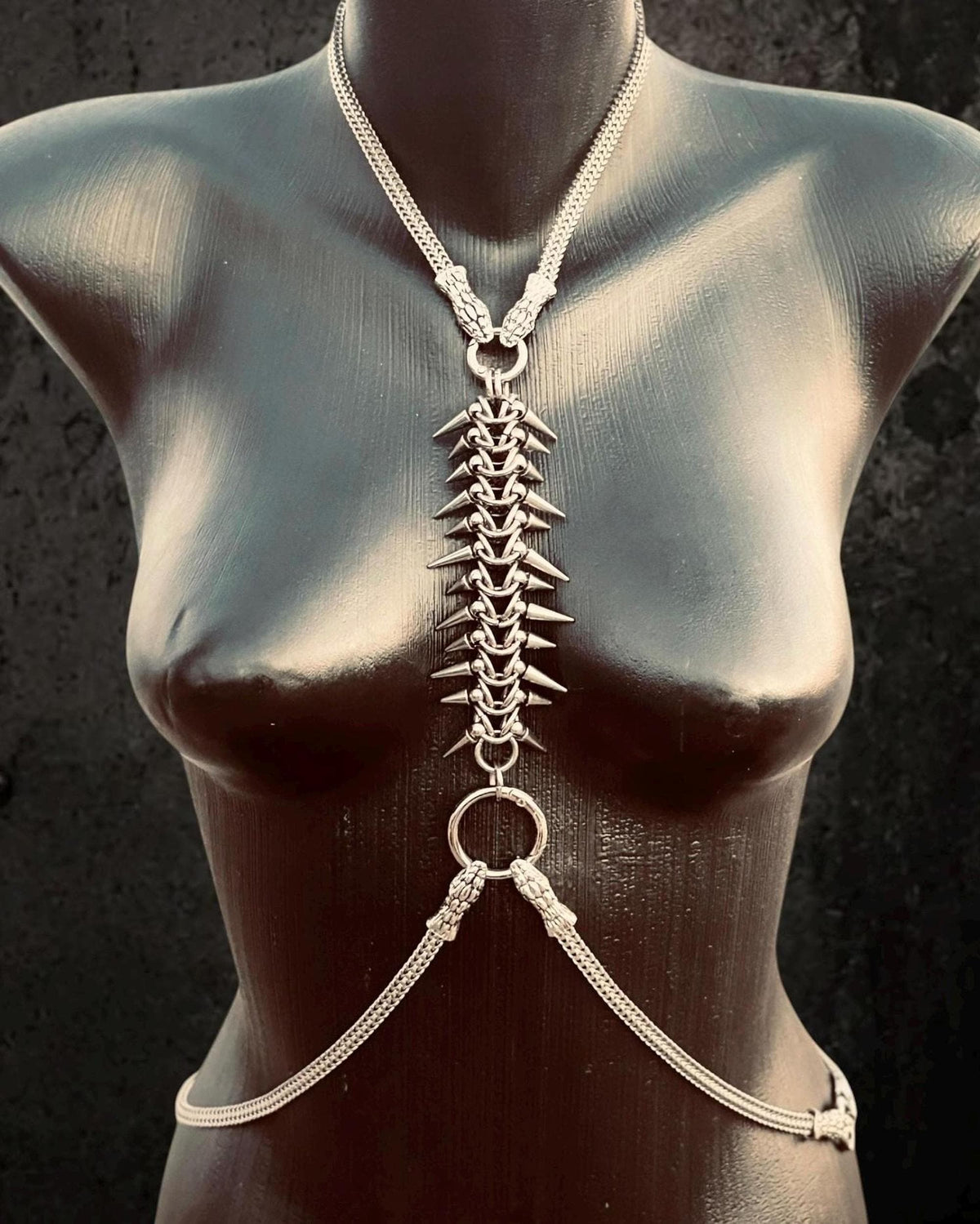 Front-on full torso spine harness, dense chainmail vertebrae and symmetrical hip chains, gothic body jewelry.