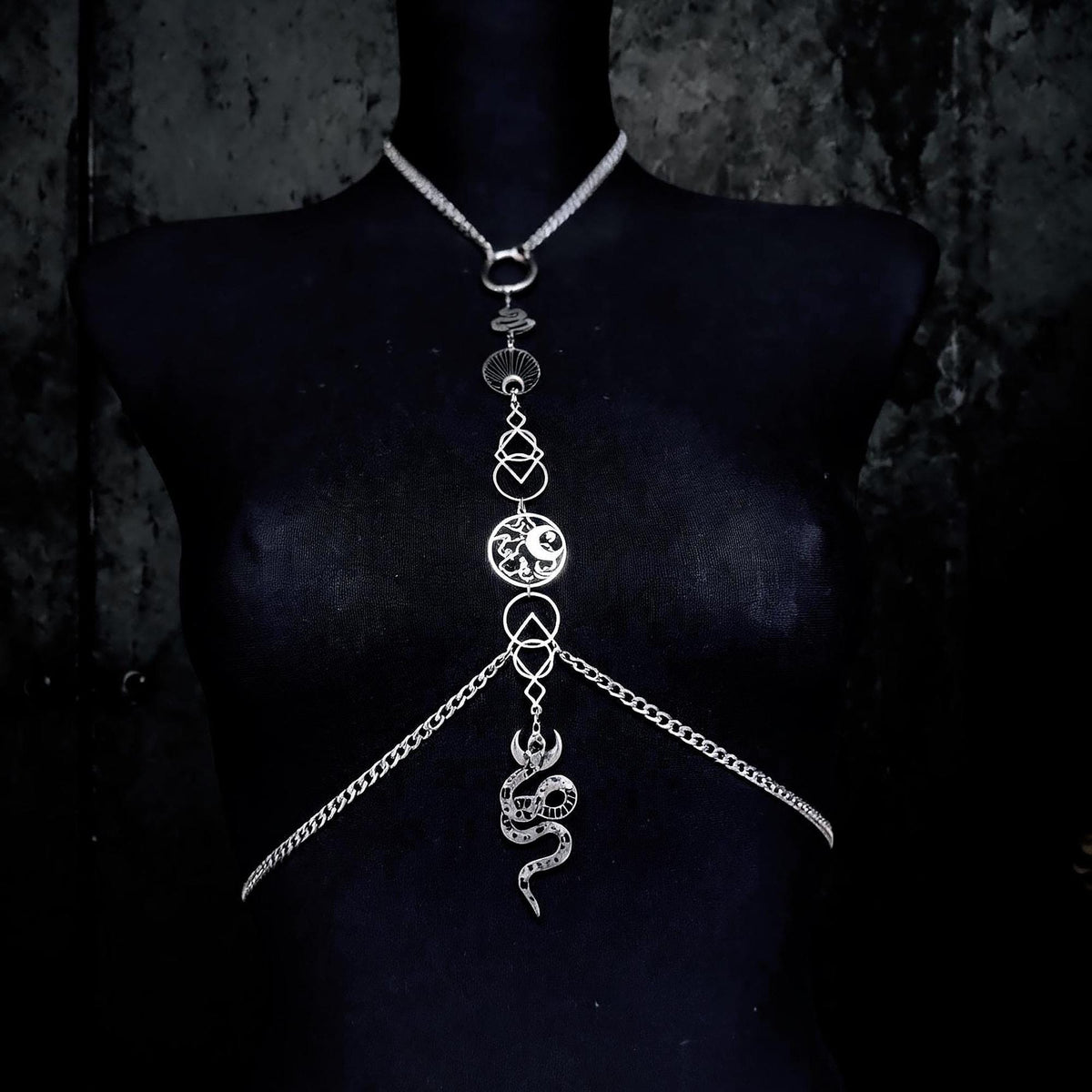Neckline focus, gothic snake body chain with sturdy stainless steel collar chain, celestial medallions and drop