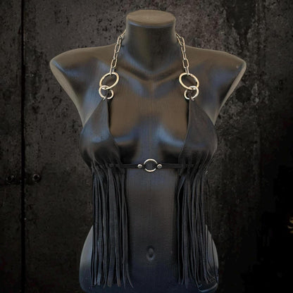 Front view on mannequin, black goat leather fringe bikini top, silver ring hardware visible