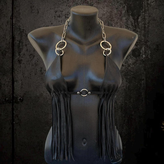 Front view on mannequin, black goat leather fringe bikini top, silver ring hardware visible
