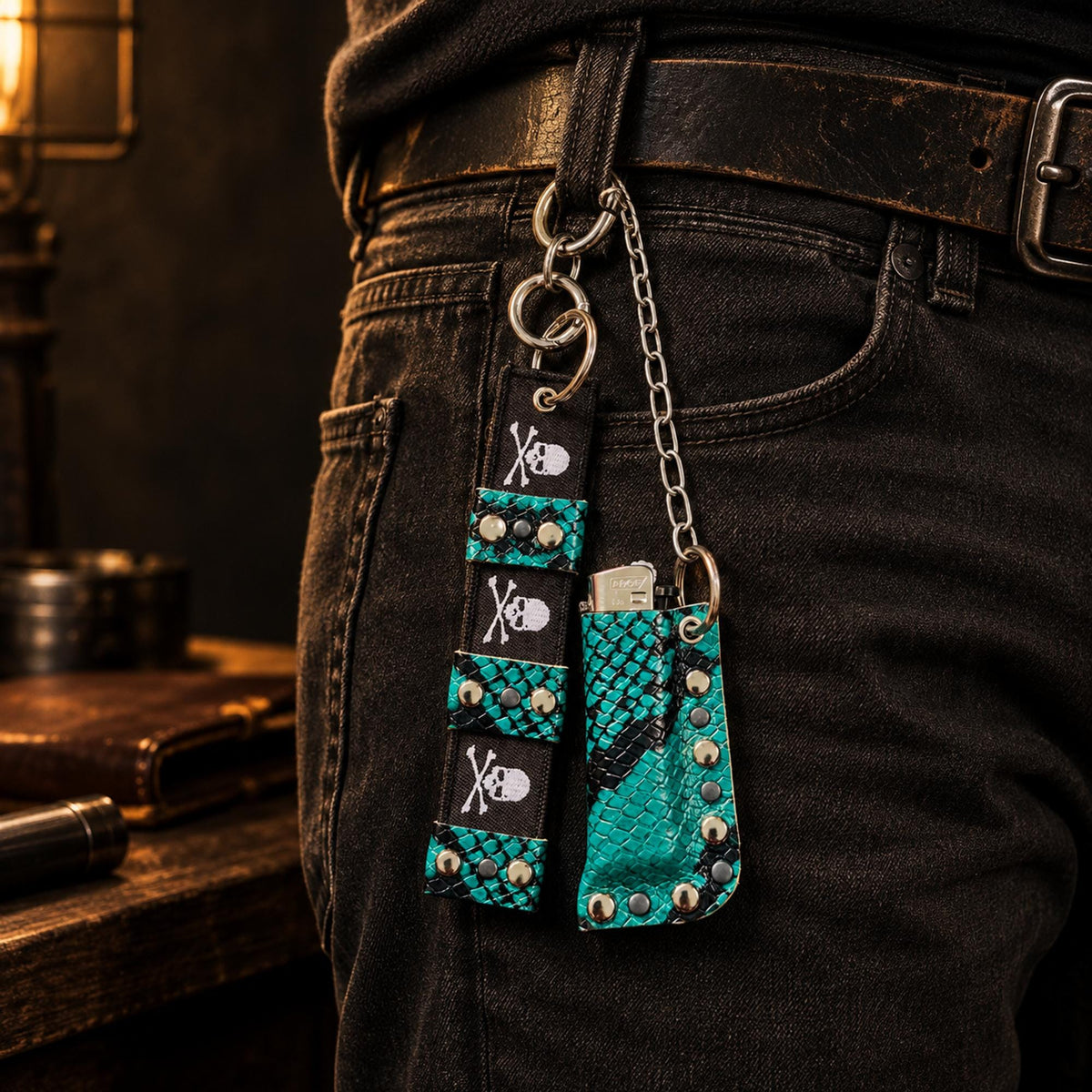 Leather Lighter Holder Keychain, Turquoise Snakeskin Finish, Long Chain with Skull Webbing