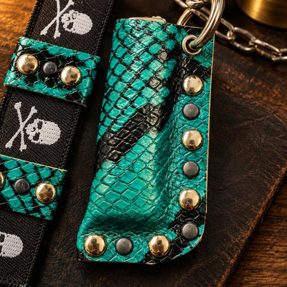 Leather Lighter Holder Keychain, Turquoise Snakeskin Finish, Long Chain with Skull Webbing