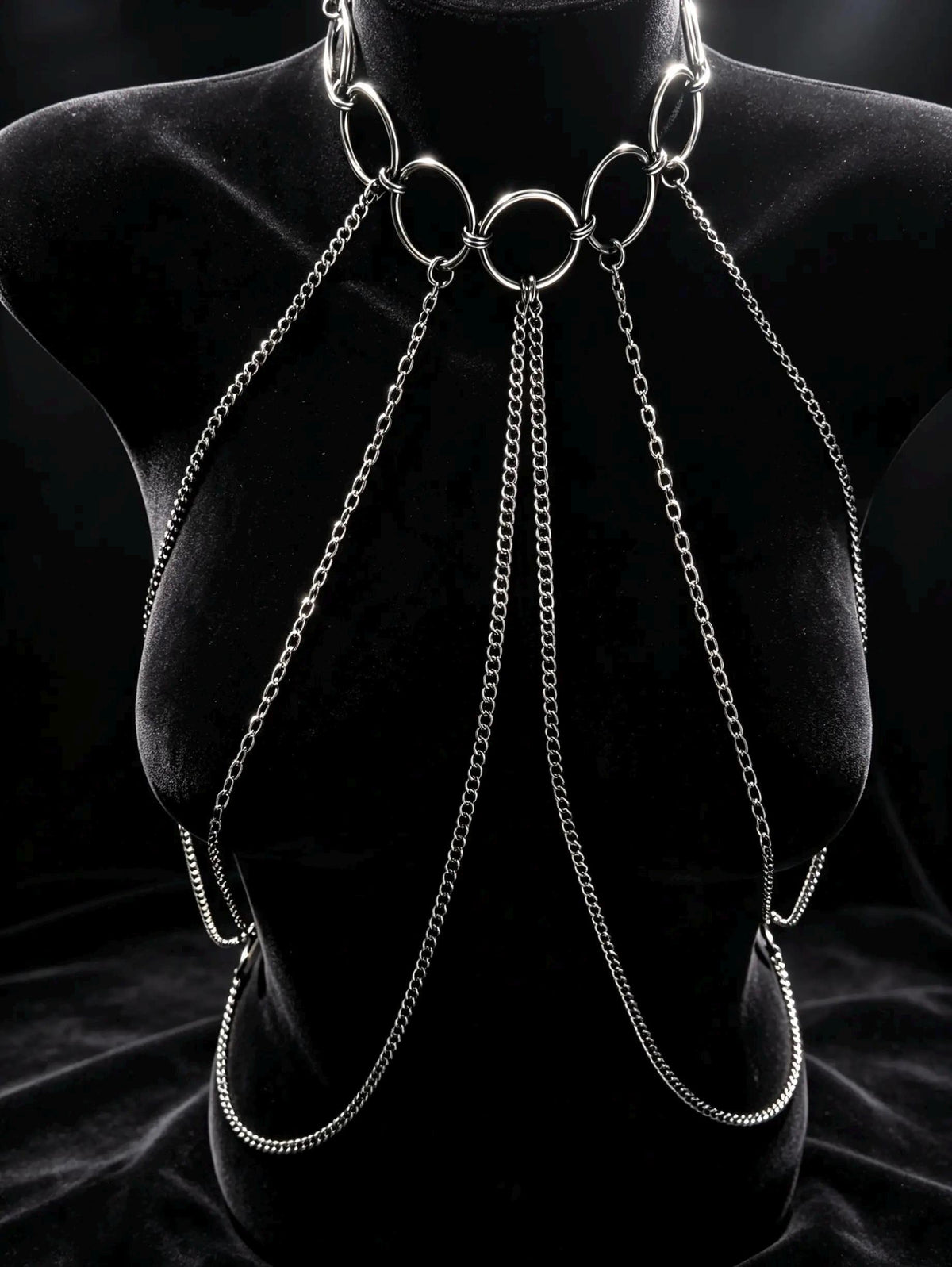 Black Body Chain Harness, Stainless Steel O Rings, Gothic Punk Techno Accessory