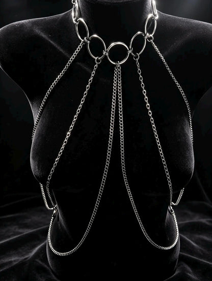 Black Body Chain Harness, Stainless Steel O Rings, Gothic Punk Techno Accessory