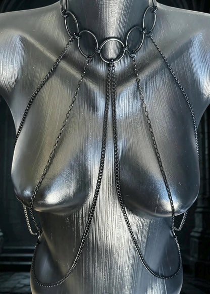 Black Body Chain Harness, Stainless Steel O Rings, Gothic Punk Techno Accessory