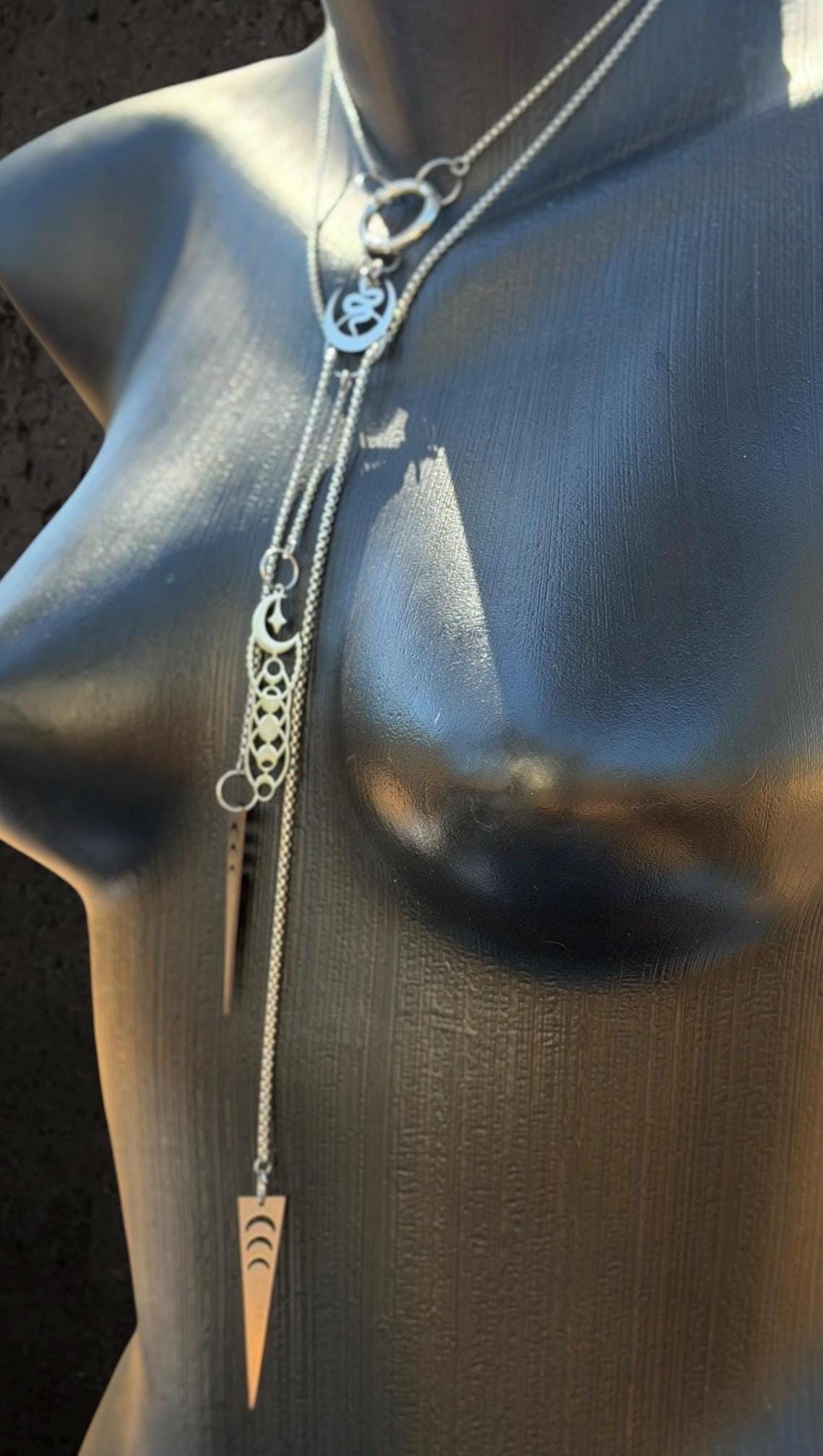 Handmade Stainless Steel Snake Moon Necklace, Gothic Celestial Layered Jewelry