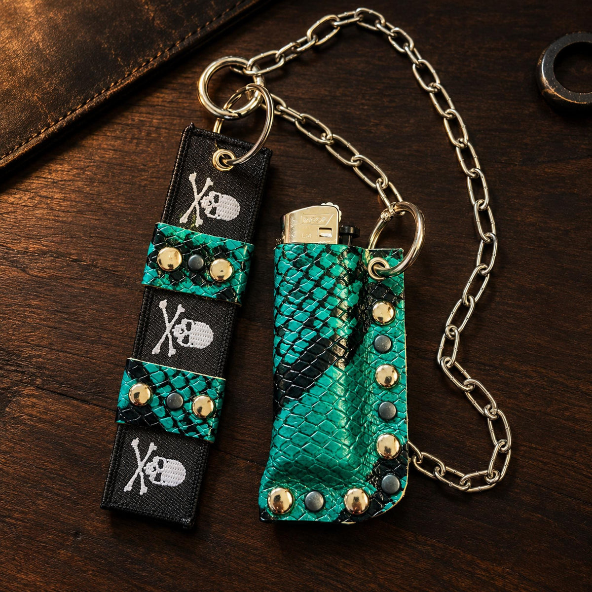 Leather Lighter Holder Keychain, Turquoise Snakeskin Finish, Long Chain with Skull Webbing