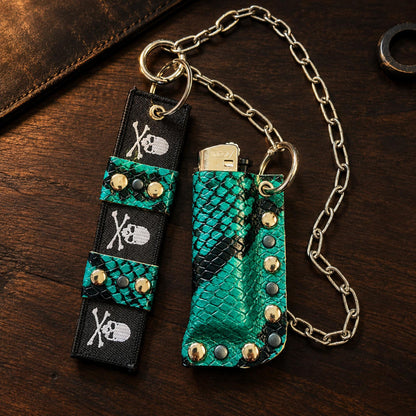 Leather Lighter Holder Keychain, Turquoise Snakeskin Finish, Long Chain with Skull Webbing