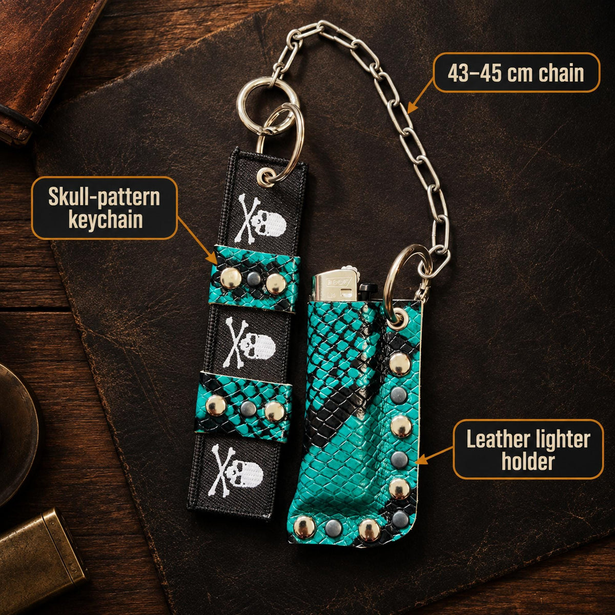 Leather Lighter Holder Keychain, Turquoise Snakeskin Finish, Long Chain with Skull Webbing