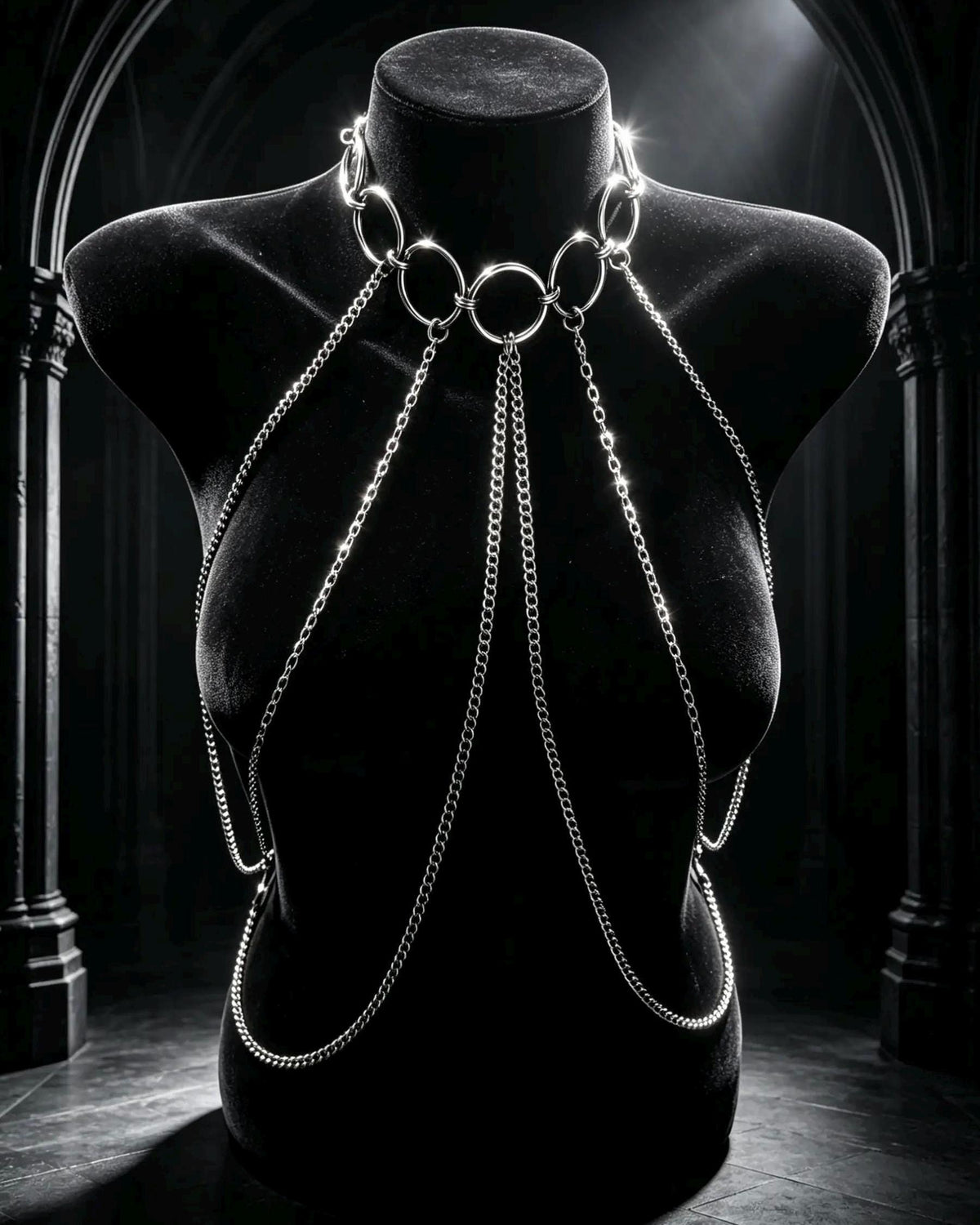 Black Body Chain Harness, Stainless Steel O Rings, Gothic Punk Techno Accessory